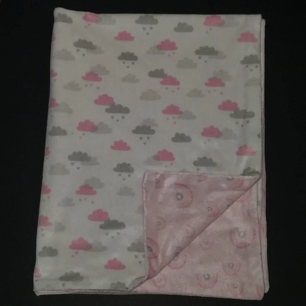 RN 31526 Pink Gray Rainbows Rain Clouds Fleece Baby Blanket Reversible Lovey